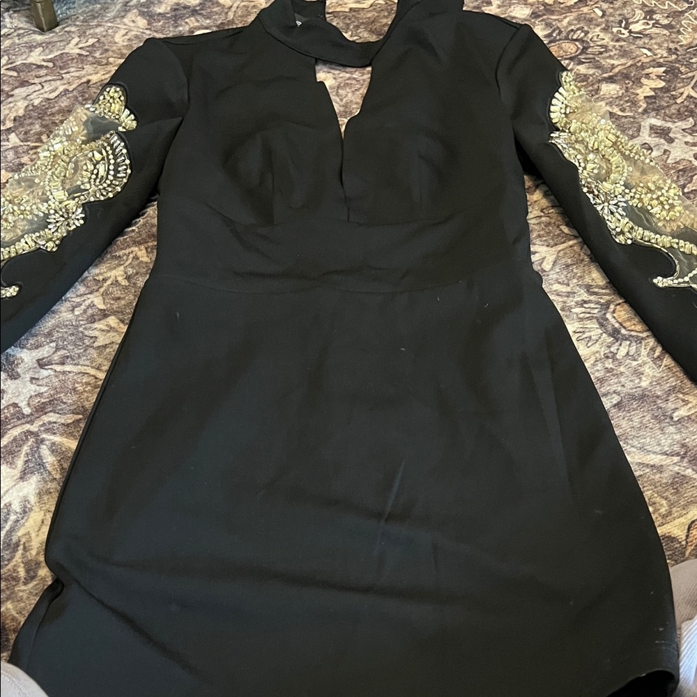 Black Long-Sleeve Dress with Gold Embellished Sleeves
